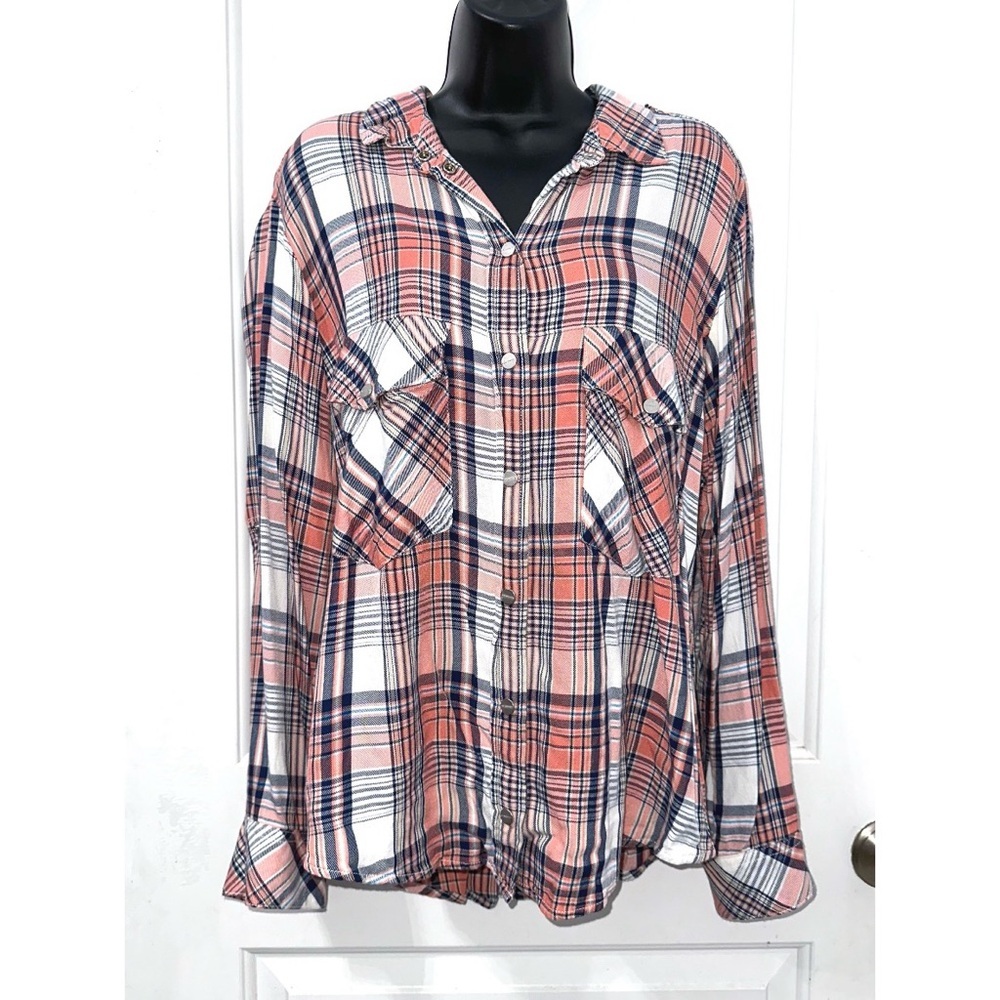 Sanctuary Pink Plaid Boyfriend Shirt, size Small
